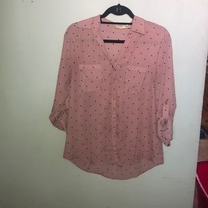 pink with black polka dots button down shirt